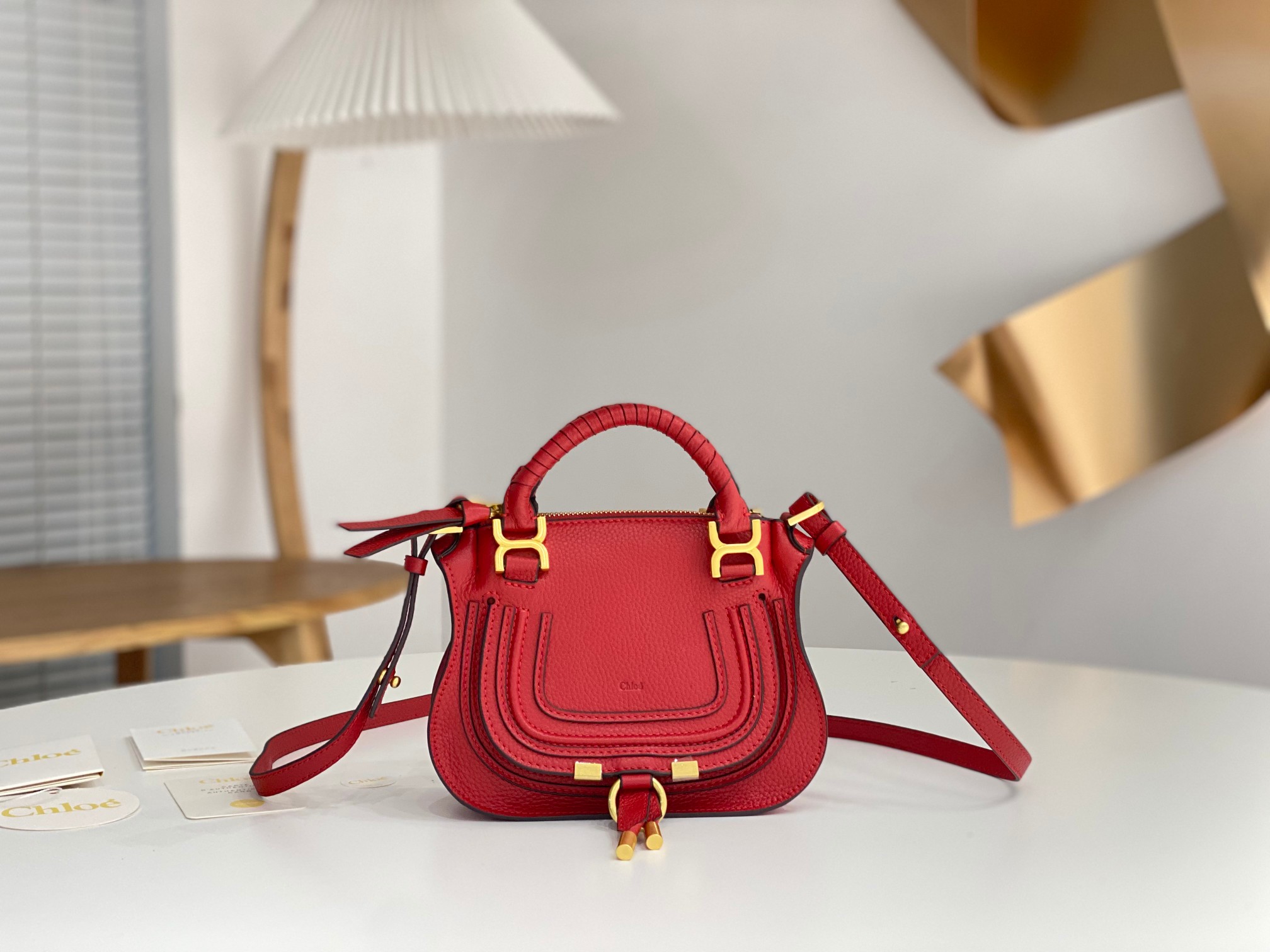 Chloe Mini Marcie Bag In Red Grained Leather